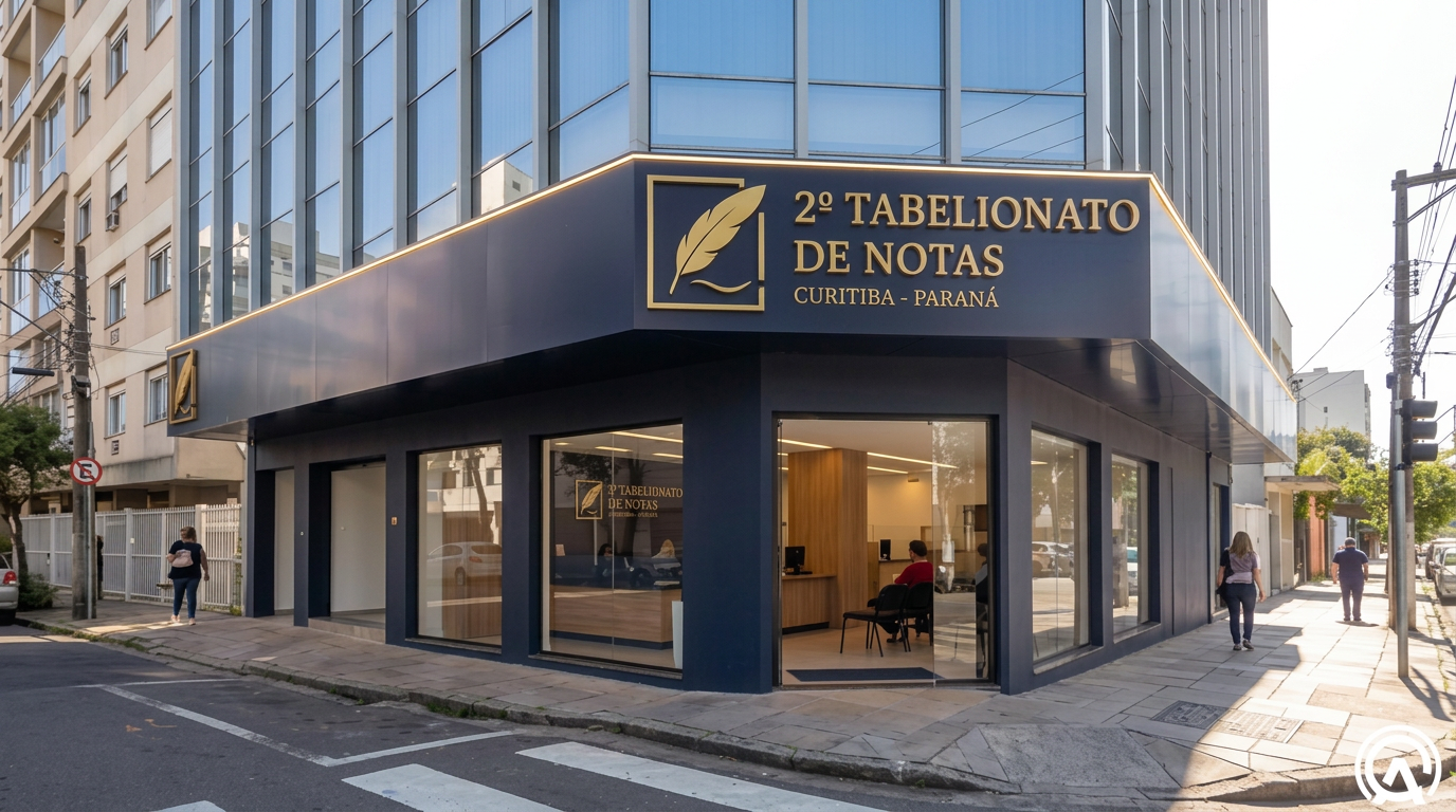 Fachada do 2º Tabelionato de Notas de Curitiba, com letreiro dourado e vidros amplos